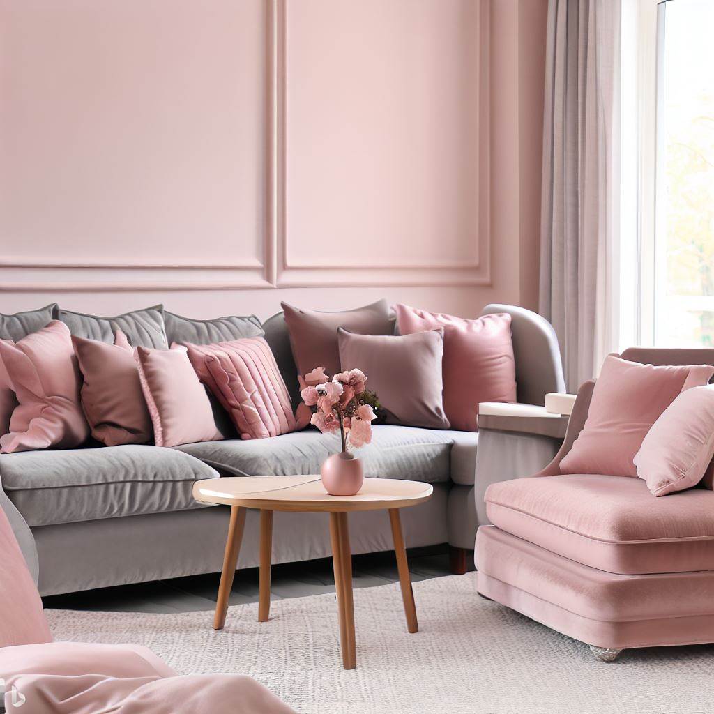 Combination of grey sofa with blush pink 