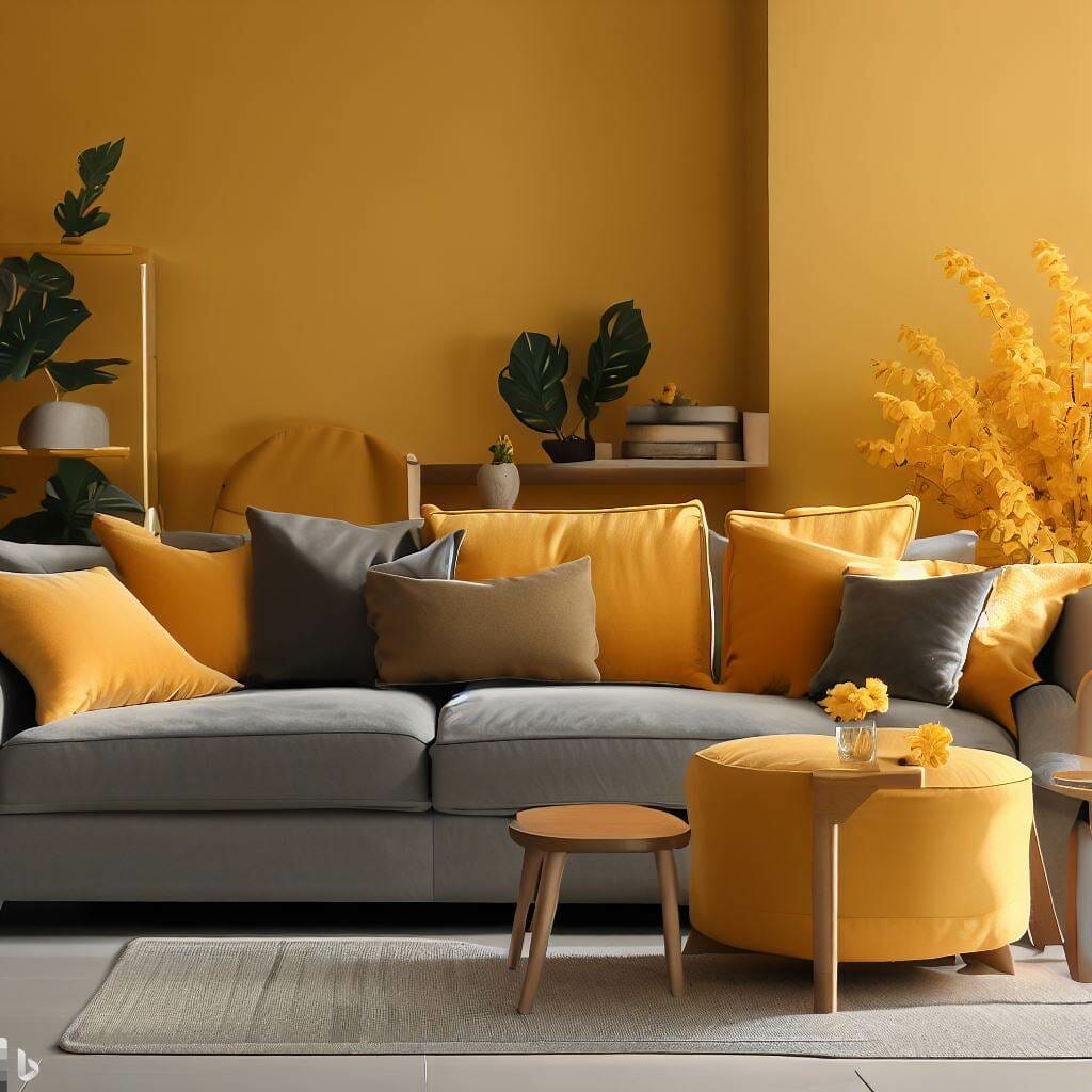 Combination of grey sofa with navy mustard yellow