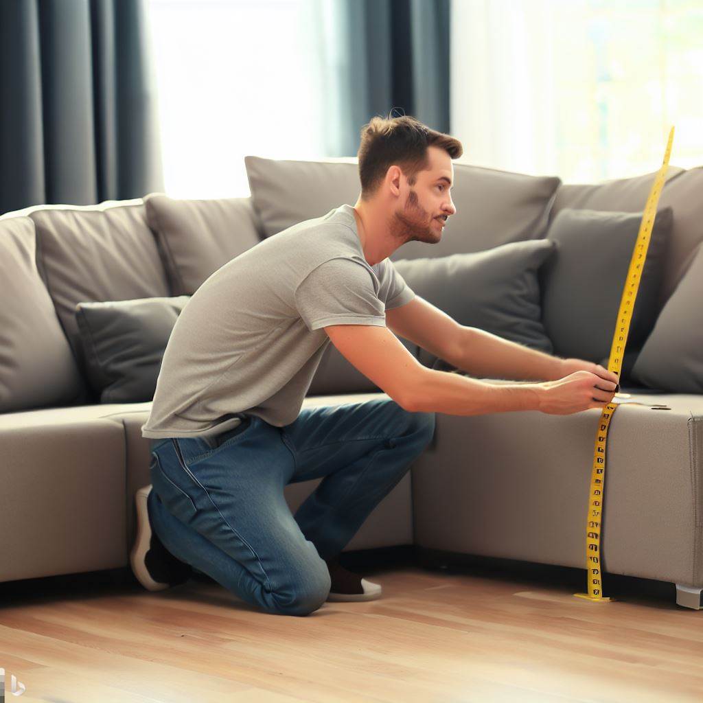 A man is measuring sectional sofa