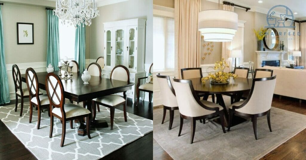dining tables with rugs and chairs in two pics